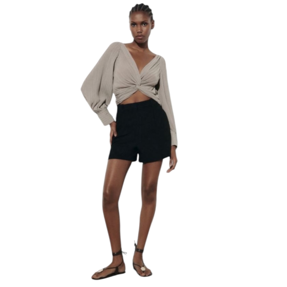 ZARA Taupe Silky New w/Tags Crop Knotted Pleated Blouse Top S - Picture 2 of 6